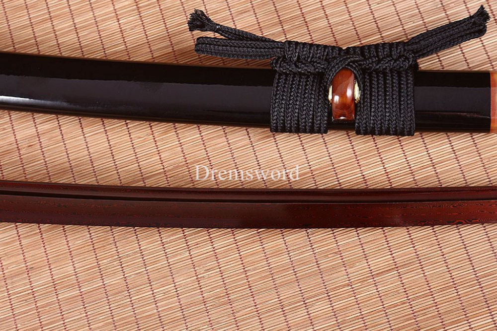 40.6"Damascus Folded Steel Katana Red Blade Japanese Samurai Sword Ox Horn Saya Shinogi-Zukuri Black