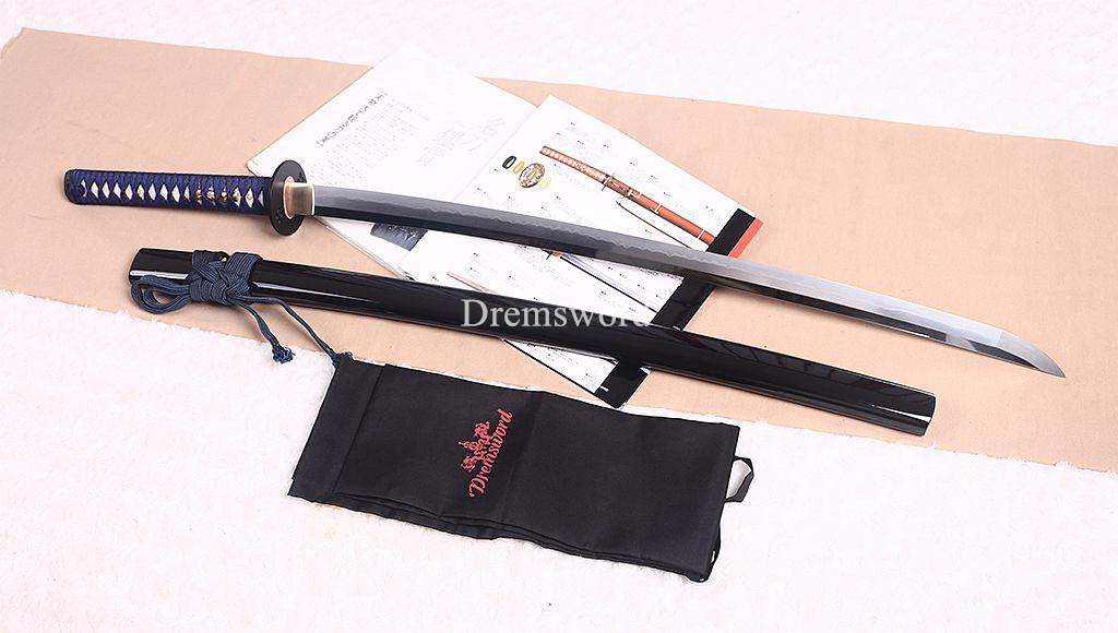 T10 Steel Clay Tempered Katana Japanese Samurai Sword Hadori-polishing O-kissaki Shinogi-Zukuri battle ready sharp Black