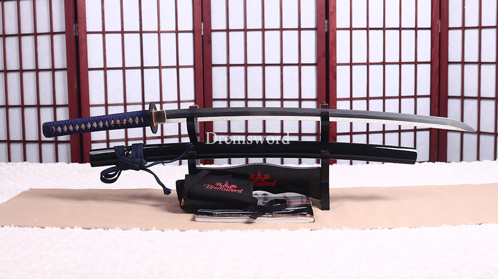T10 Steel Clay Tempered Katana Japanese Samurai Sword Hadori-polishing O-kissaki Shinogi-Zukuri battle ready sharp Black
