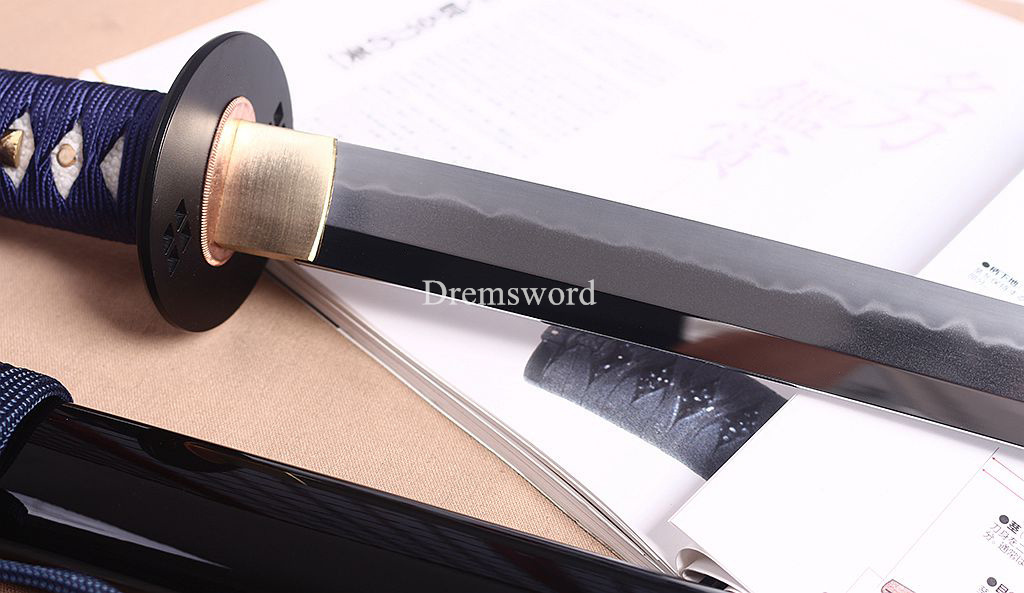 T10 Steel Clay Tempered Katana Japanese Samurai Sword Hadori-polishing O-kissaki Shinogi-Zukuri battle ready sharp Black
