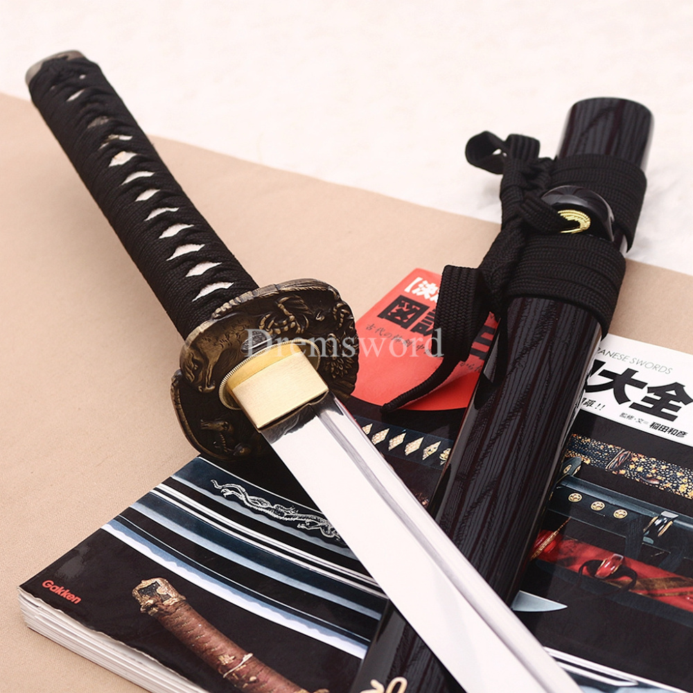 9260 Spring Steel Katana Japanese Samurai Sword Battle Ready Golden Dragon Saya SHINOGI-ZUKURI Black