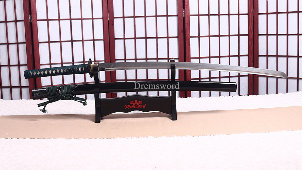 Folded Steel Clay Tempered Katana HITATSURA Japanese Samurai Sword Ox Horn Saya Shinogi-Zukuri Black