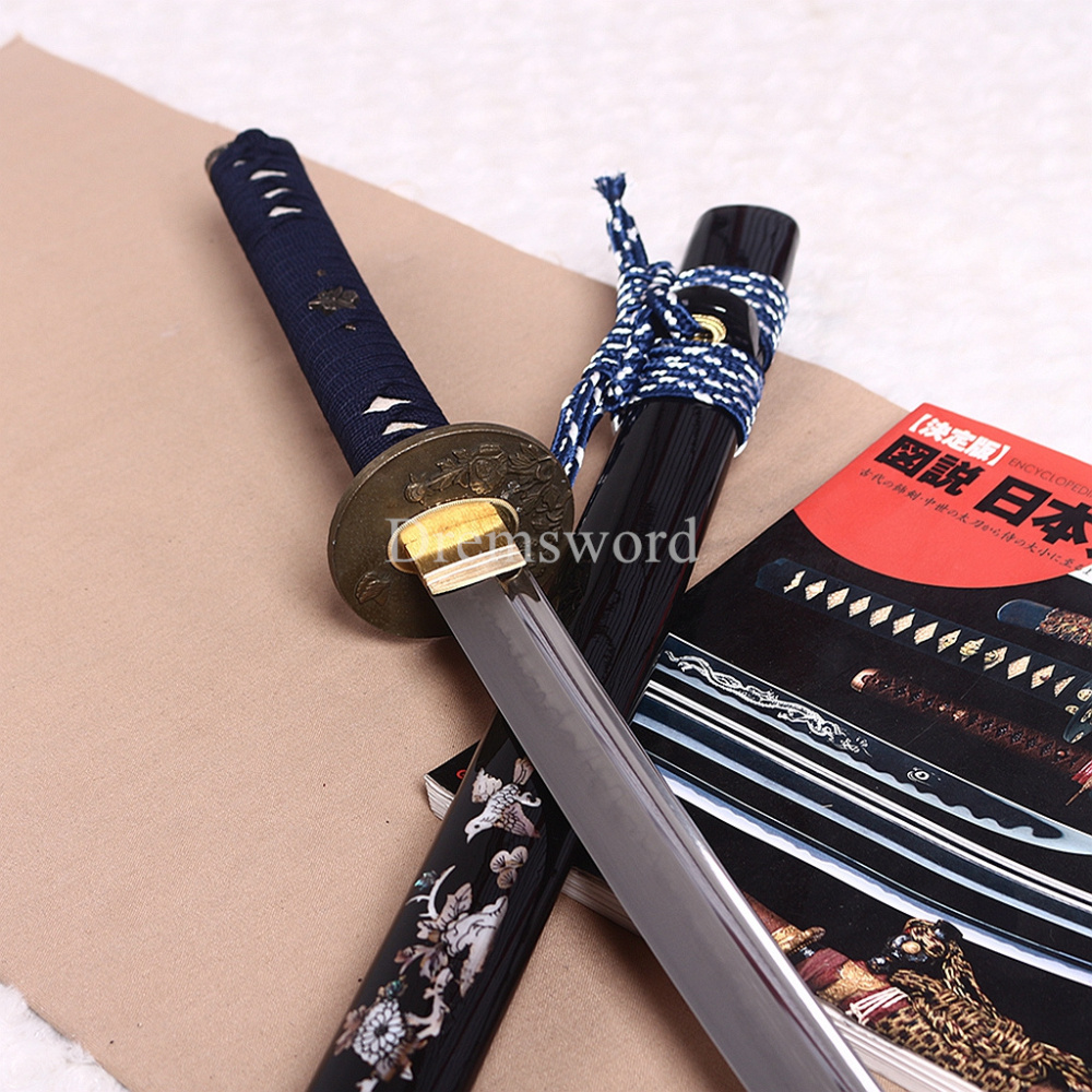 T10 Clay Tempered Choji Hamon Katana Japanese Samurai Sword Shell Ox Horn Saya Shinogi-Zukuri Battle Ready Sharp Black