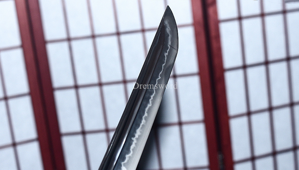 T10 Clay Tempered Choji Hamon Katana Japanese Samurai Sword Shell Ox Horn Saya Shinogi-Zukuri Battle Ready Sharp Black