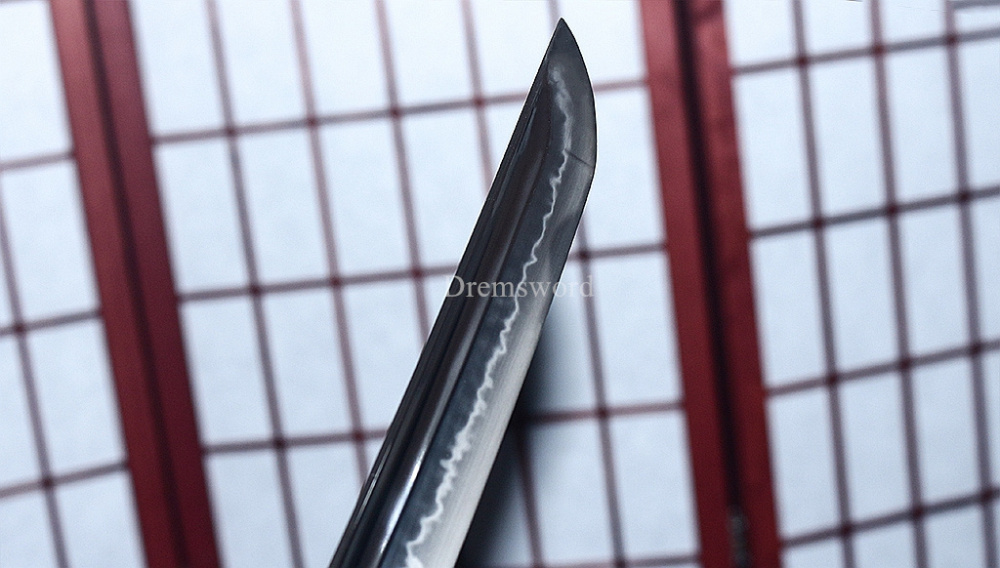 T10 Clay Tempered Choji Hamon Katana Japanese Samurai Sword Shell Ox Horn Saya Shinogi-Zukuri Battle Ready Sharp Black