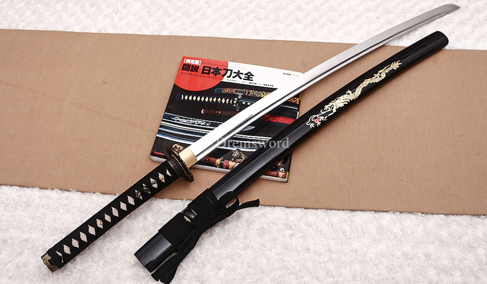 9260 Spring Steel Katana Japanese Samurai Sword Battle Ready Golden Dragon Saya SHINOGI-ZUKURI Black