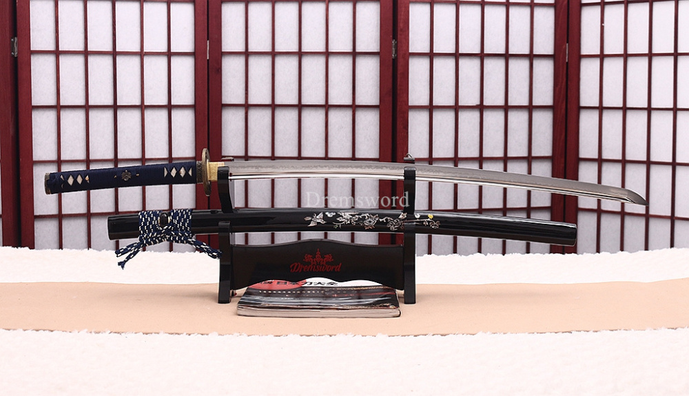 T10 Clay Tempered Choji Hamon Katana Japanese Samurai Sword Shell Ox Horn Saya Shinogi-Zukuri Battle Ready Sharp Black