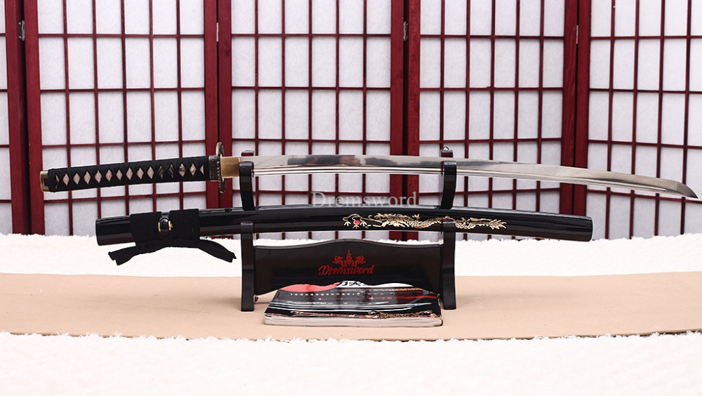 9260 Spring Steel Katana Japanese Samurai Sword Battle Ready Golden Dragon Saya SHINOGI-ZUKURI Black