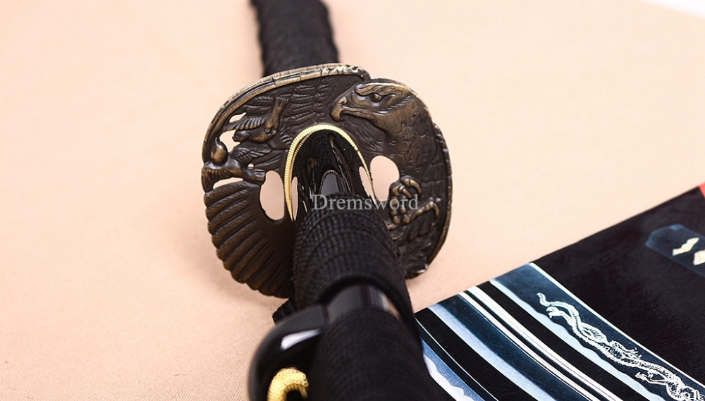 9260 Spring Steel Katana Japanese Samurai Sword Battle Ready Golden Dragon Saya SHINOGI-ZUKURI Black