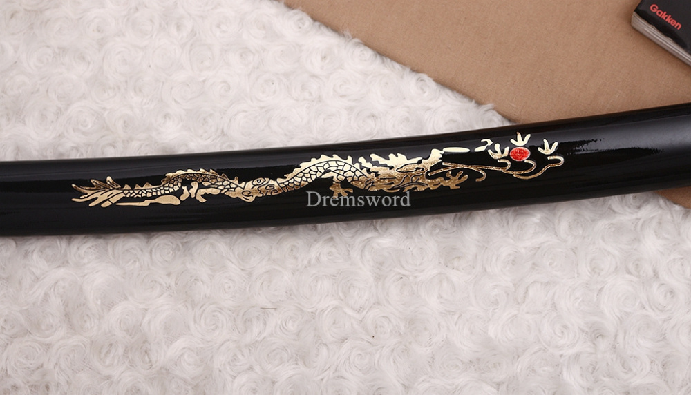 9260 Spring Steel Katana Japanese Samurai Sword Battle Ready Golden Dragon Saya SHINOGI-ZUKURI Black