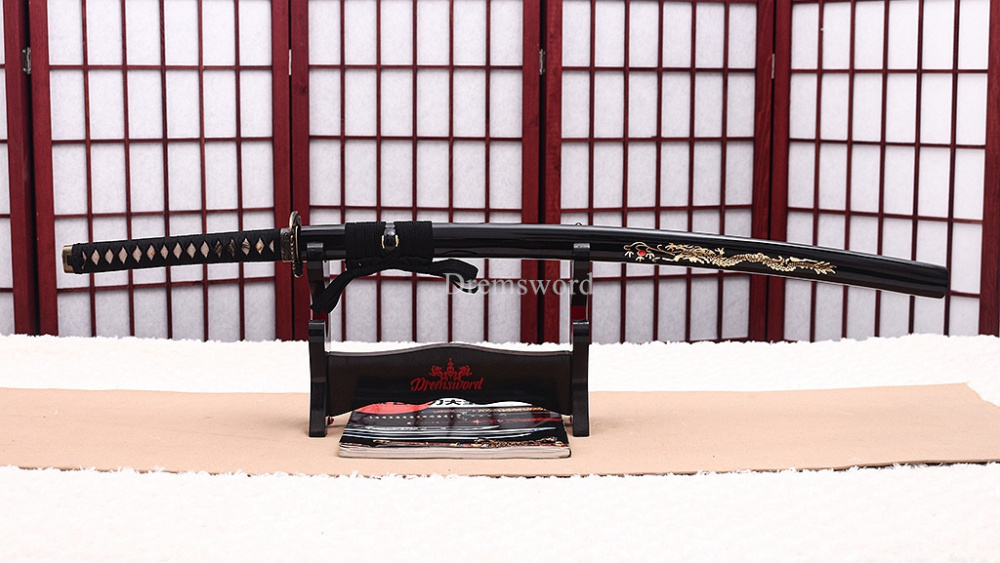 9260 Spring Steel Katana Japanese Samurai Sword Battle Ready Golden Dragon Saya SHINOGI-ZUKURI Black