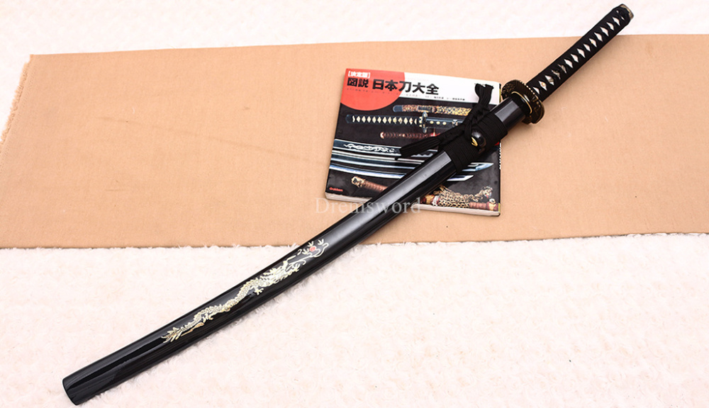 9260 Spring Steel Katana Japanese Samurai Sword Battle Ready Golden Dragon Saya SHINOGI-ZUKURI Black
