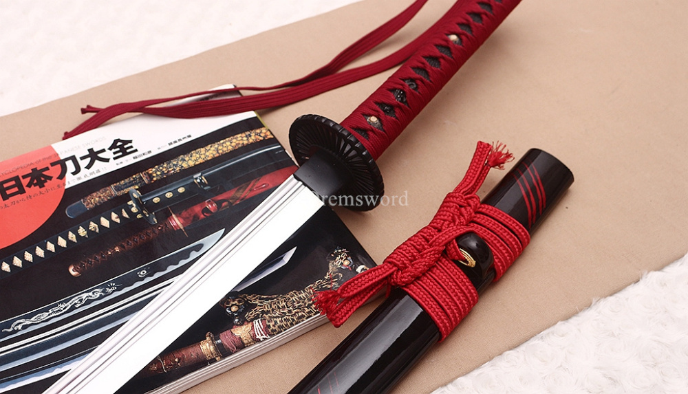 Handmade 9260 Spring Steel Katana Japanese Samurai Functional Red Sword Full Tang Unokubi Zukuri for Battle