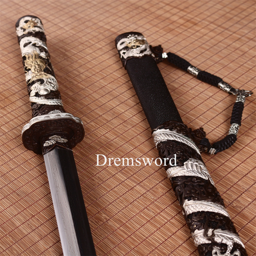 Handmade Self-refined Folded Steel Jian 剑 Traditional Chinese Jian Sword Battle Ready Sharp Black Rayskin Sheath for Collection