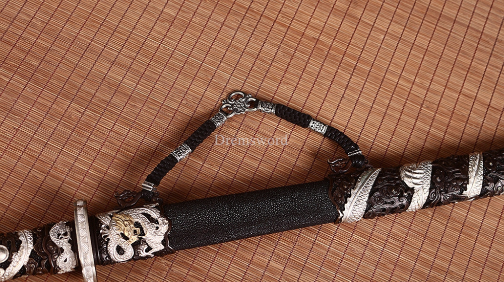 Handmade Self-refined Folded Steel Jian 剑 Traditional Chinese Jian Sword Battle Ready Sharp Black Rayskin Sheath for Collection
