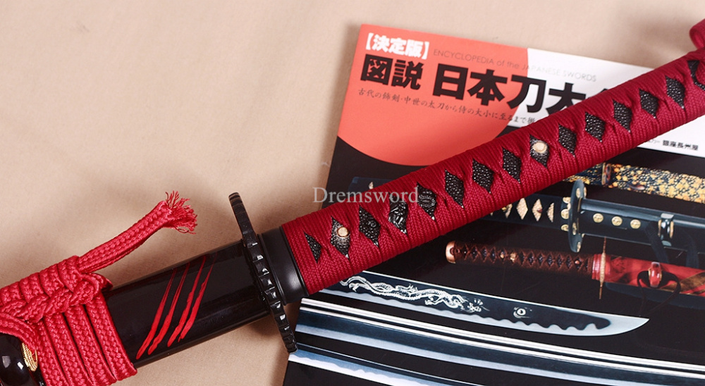 Handmade 9260 Spring Steel Katana Japanese Samurai Functional Red Sword Full Tang Unokubi Zukuri for Battle