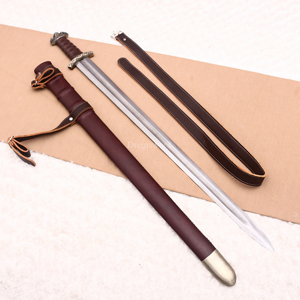 35 inches Damascus Folded Steel European Sword Battle Ready Brown Leather Sheath Double Edge Sword Stainless Steel Fittings