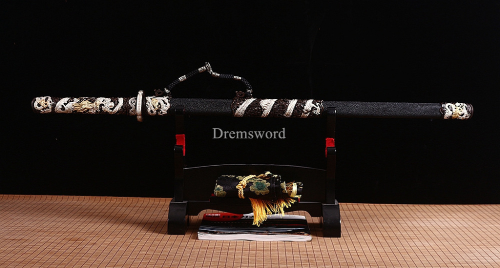 Handmade Self-refined Folded Steel Jian 剑 Traditional Chinese Jian Sword Battle Ready Sharp Black Rayskin Sheath for Collection