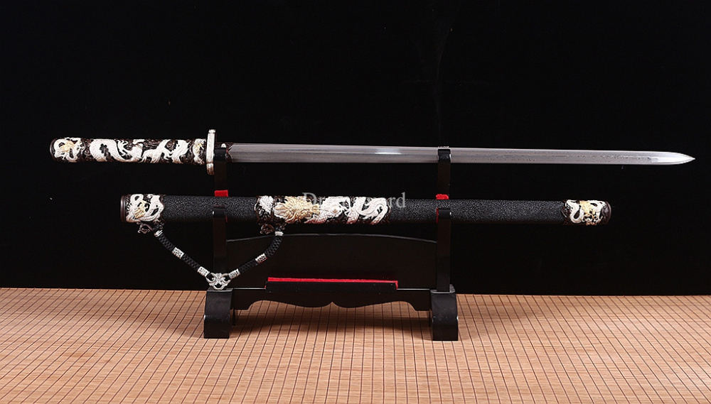 Handmade Self-refined Folded Steel Jian 剑 Traditional Chinese Jian Sword Battle Ready Sharp Black Rayskin Sheath for Collection