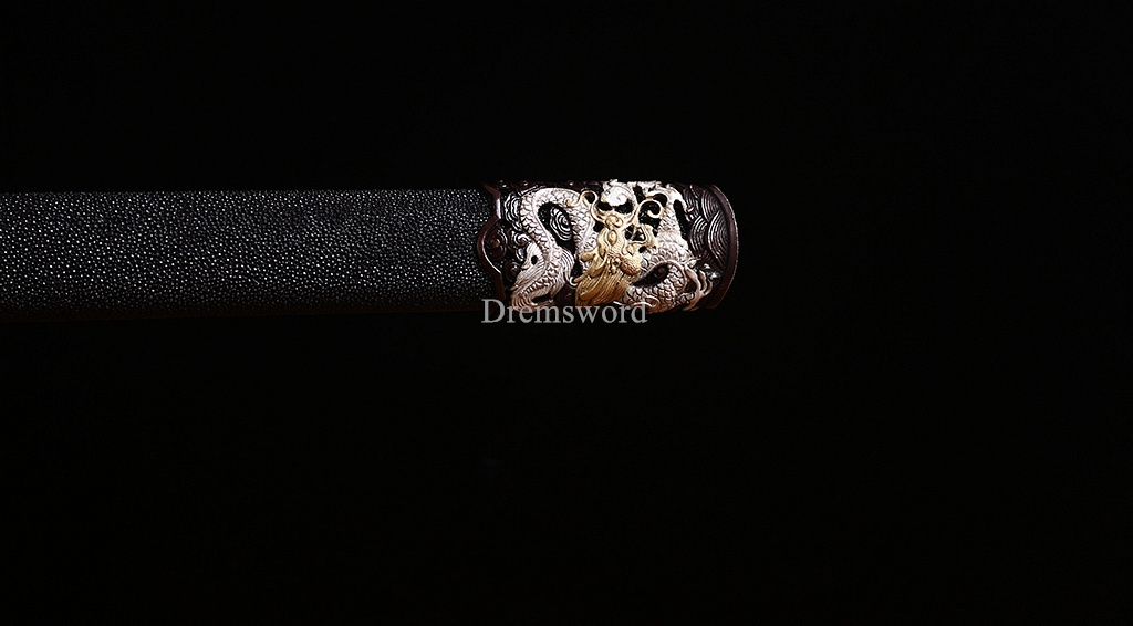 Handmade Self-refined Folded Steel Jian 剑 Traditional Chinese Jian Sword Battle Ready Sharp Black Rayskin Sheath for Collection