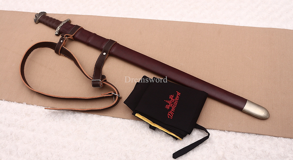 35 inches Damascus Folded Steel European Sword Battle Ready Brown Leather Sheath Double Edge Sword Stainless Steel Fittings
