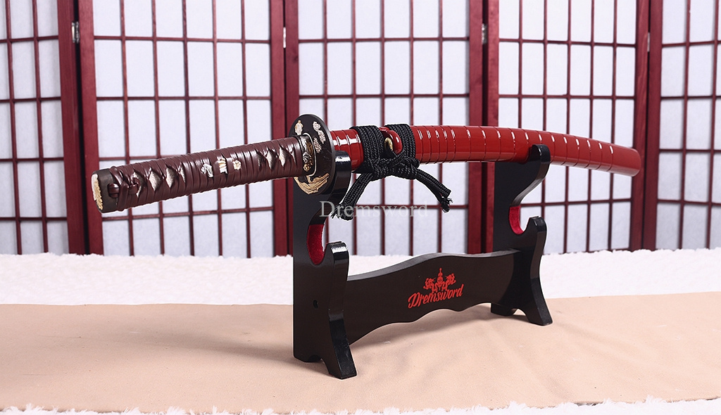 Handmade 9260 Spring Steel Wakizashi Japanese Samurai Functional Sword Full Tang Kogarasu-Maru Zukuri Red