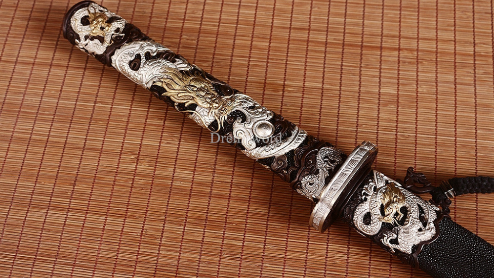 Handmade Self-refined Folded Steel Jian 剑 Traditional Chinese Jian Sword Battle Ready Sharp Black Rayskin Sheath for Collection