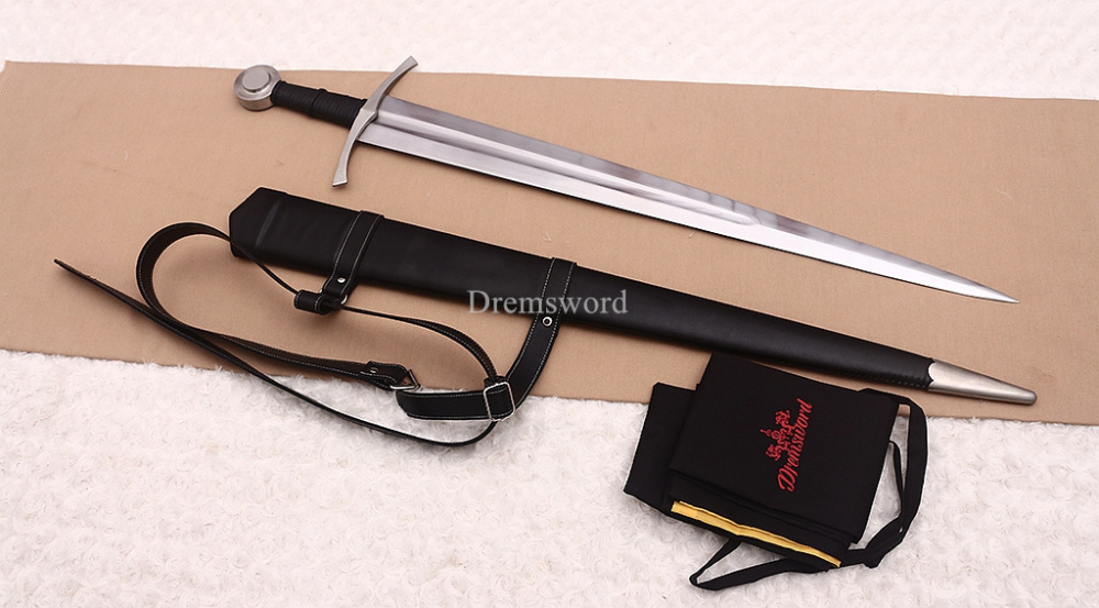 39 inches 9260 Spring Steel European Sword Battle Ready Black Leather Sheath Double Edge Sword Stainless Steel Fittings