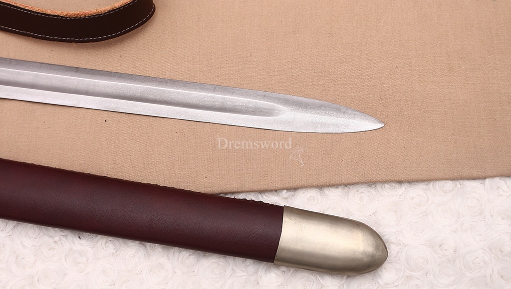 35 inches Damascus Folded Steel European Sword Battle Ready Brown Leather Sheath Double Edge Sword Stainless Steel Fittings