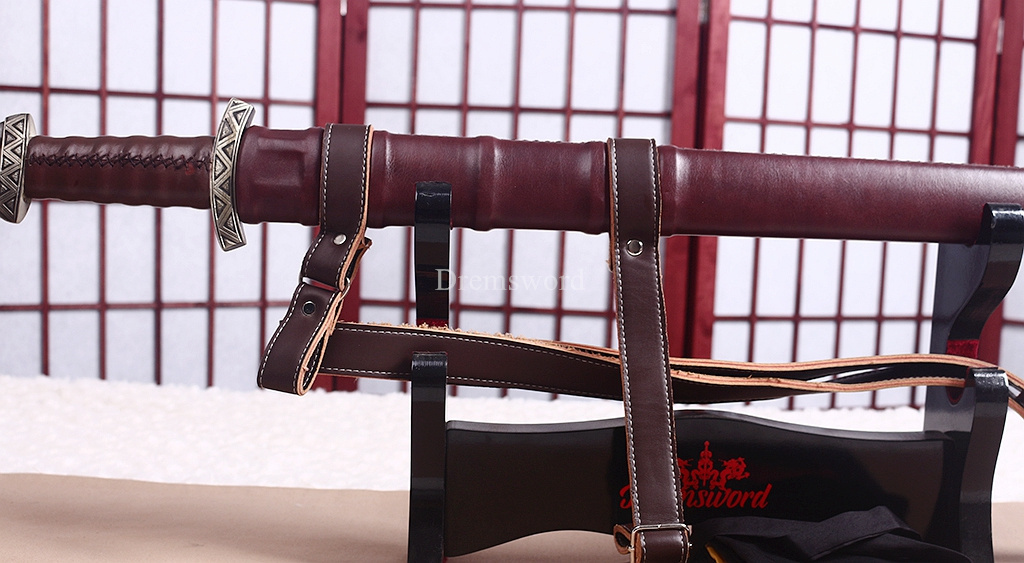 35 inches Damascus Folded Steel European Sword Battle Ready Brown Leather Sheath Double Edge Sword Stainless Steel Fittings