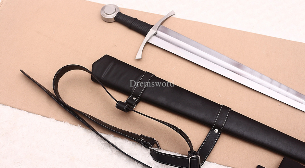 39 inches 9260 Spring Steel European Sword Battle Ready Black Leather Sheath Double Edge Sword Stainless Steel Fittings