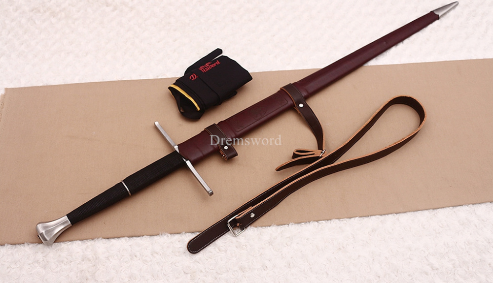 47 inches 9260 Spring Steel European Sword Battle Ready Brown Leather Sheath Double Edge Sword Stainless Steel Fittings