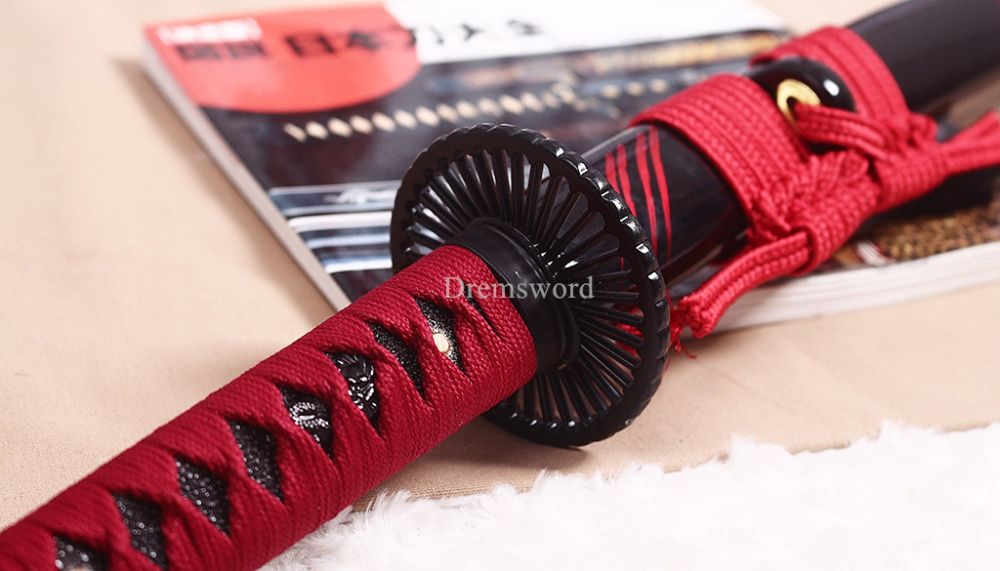 Handmade 9260 Spring Steel Katana Japanese Samurai Functional Red Sword Full Tang Unokubi Zukuri for Battle