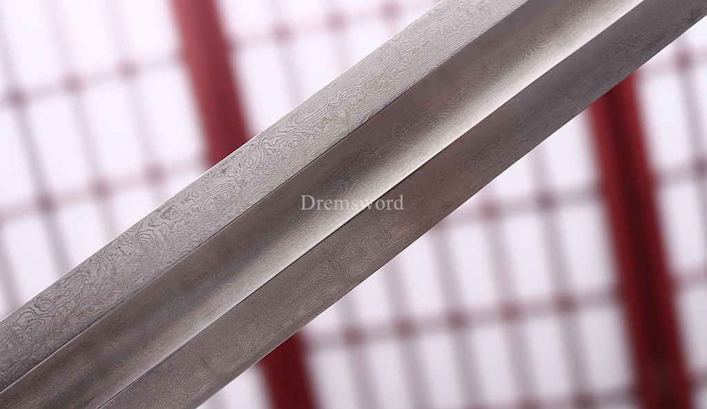 35 inches Damascus Folded Steel European Sword Battle Ready Brown Leather Sheath Double Edge Sword Stainless Steel Fittings