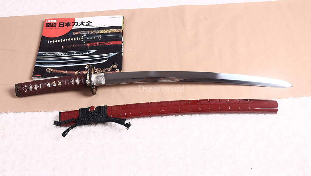 Handmade 9260 Spring Steel Wakizashi Japanese Samurai Functional Sword Full Tang Kogarasu-Maru Zukuri Red