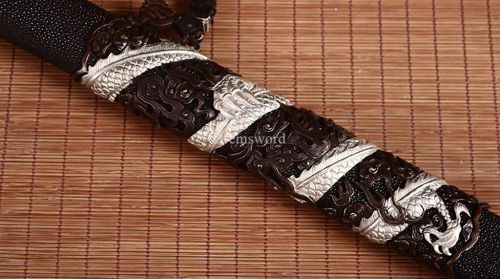 Handmade Self-refined Folded Steel Jian 剑 Traditional Chinese Jian Sword Battle Ready Sharp Black Rayskin Sheath for Collection