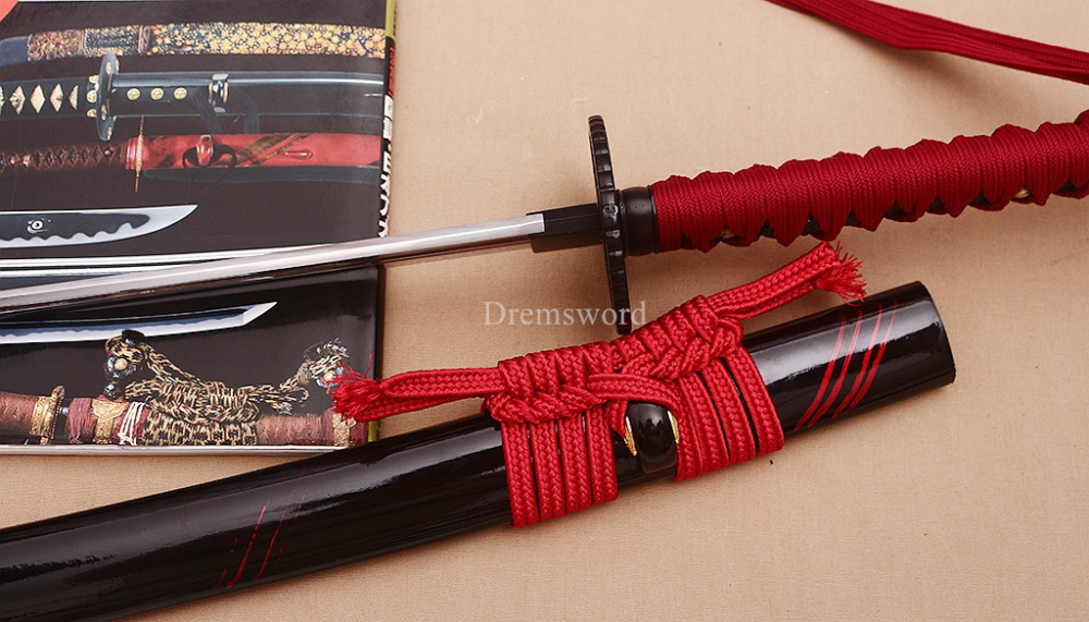 Handmade 9260 Spring Steel Katana Japanese Samurai Functional Red Sword Full Tang Unokubi-Zukuri for Battle