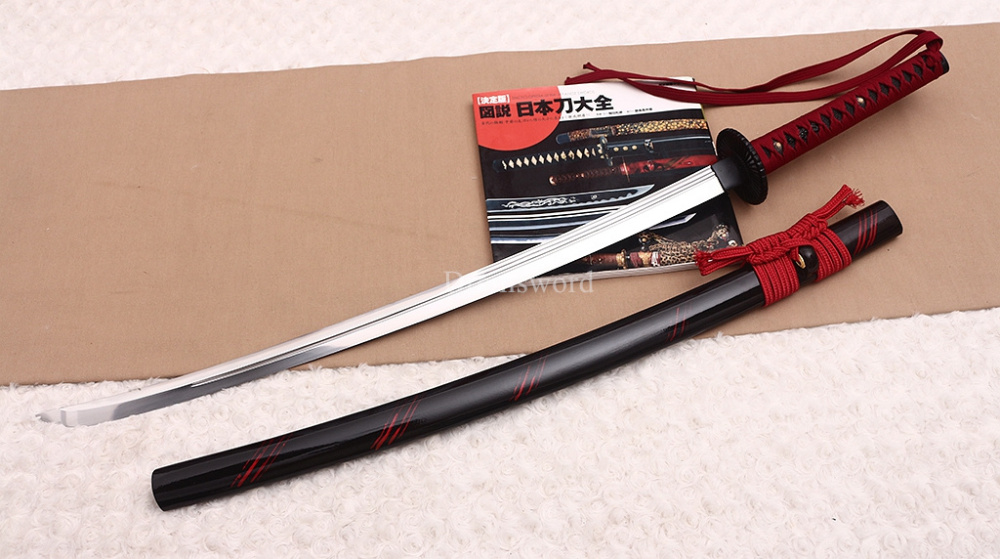 Handmade 9260 Spring Steel Katana Japanese Samurai Functional Red Sword Full Tang Unokubi Zukuri for Battle