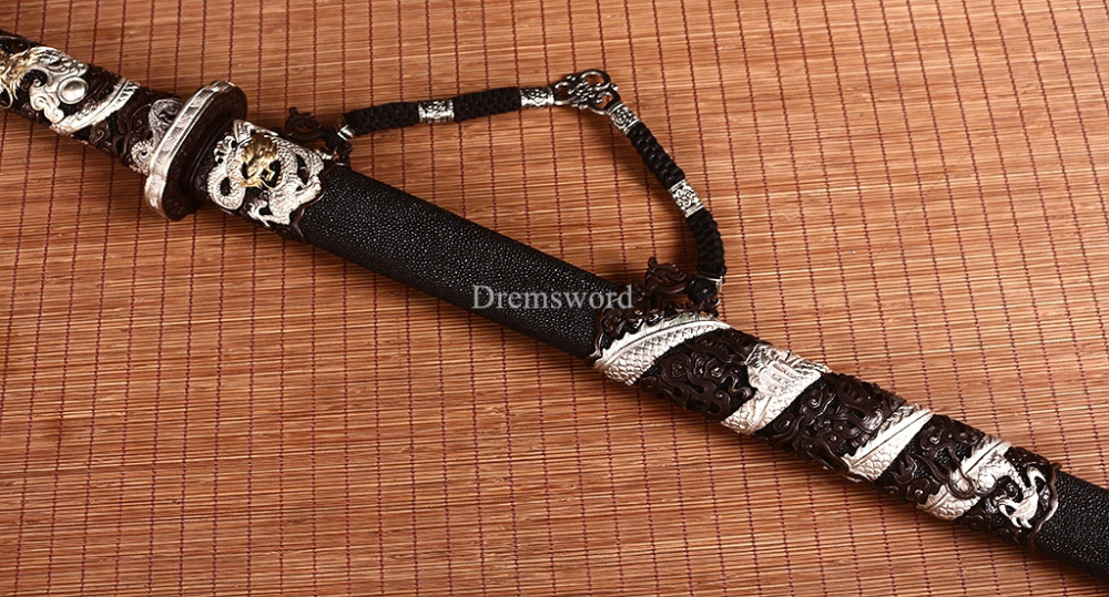 Handmade Self-refined Folded Steel Jian 剑 Traditional Chinese Jian Sword Battle Ready Sharp Black Rayskin Sheath for Collection