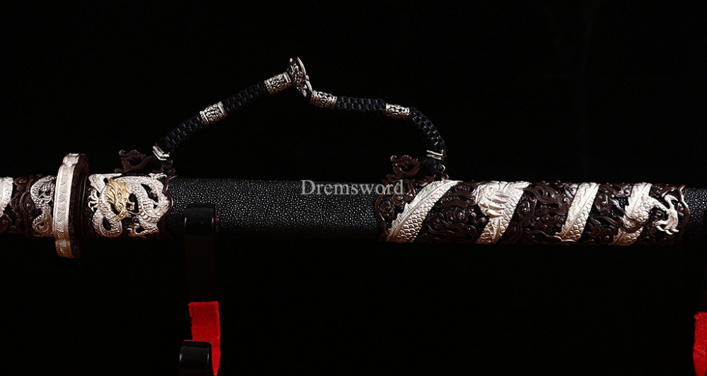 Handmade Self-refined Folded Steel Jian 剑 Traditional Chinese Jian Sword Battle Ready Sharp Black Rayskin Sheath for Collection