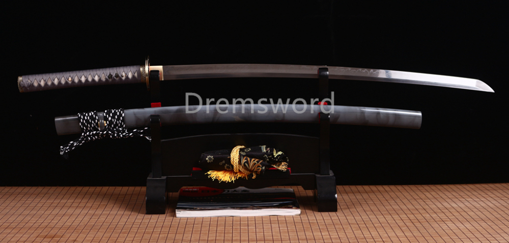 Handmade T10 Steel Clay Tempered Katana Japanese Samurai Sword Battle Ready SHINOGI-ZUKURI Full Tang Grey