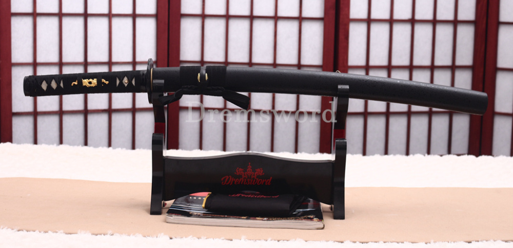 Handmade 9260 Spring Steel Wakizashi Japanese Samurai Sword Battle Ready Full Tang Shinogi-Zukuri Black