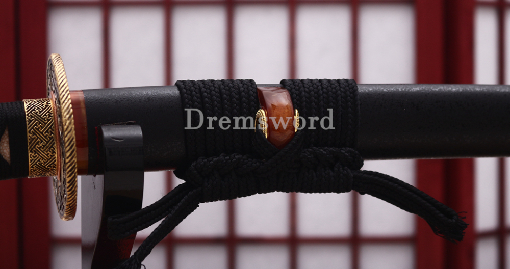 Hand Forged Tamahagane Clay Tempered Choji Hamon Katana Japanese Samurai Sword SHINOGI-ZUKURI Full Tang Ox Horn Black Saya