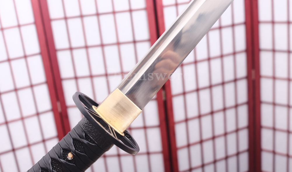 T10 Clay Tempered Katana 3.5cm Blade Japanese Samurai Sword SHINOGI-ZUKURI Full Tang Iron Tsuba Black Saya