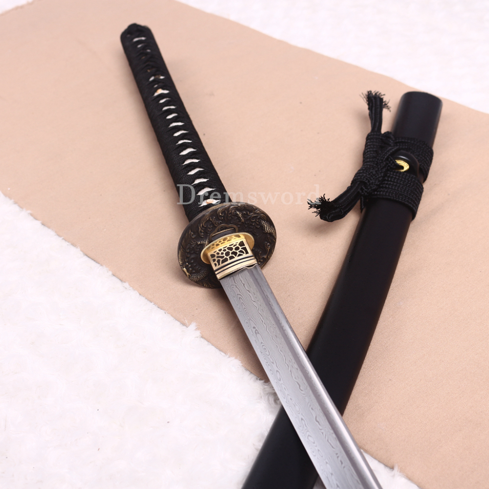 52" Damascus Folded Steel Nodachi Long Katana Shnogi-Zukuri Japanese Samurai Sword Black for Battle