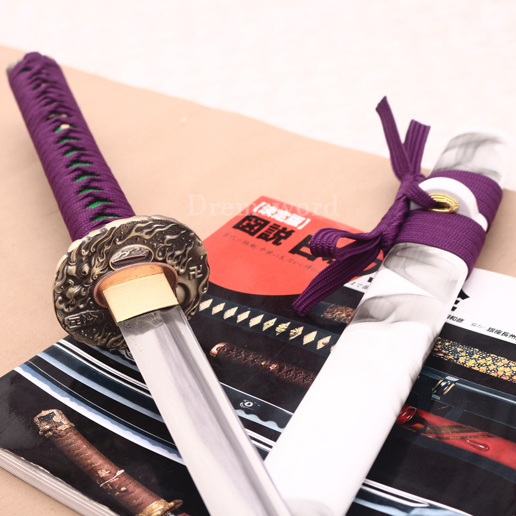 Handmade Damascus Folded Steel Katana Japanese Samurai Real Sword Battle Ready Shinogi Zukuri Purple and White