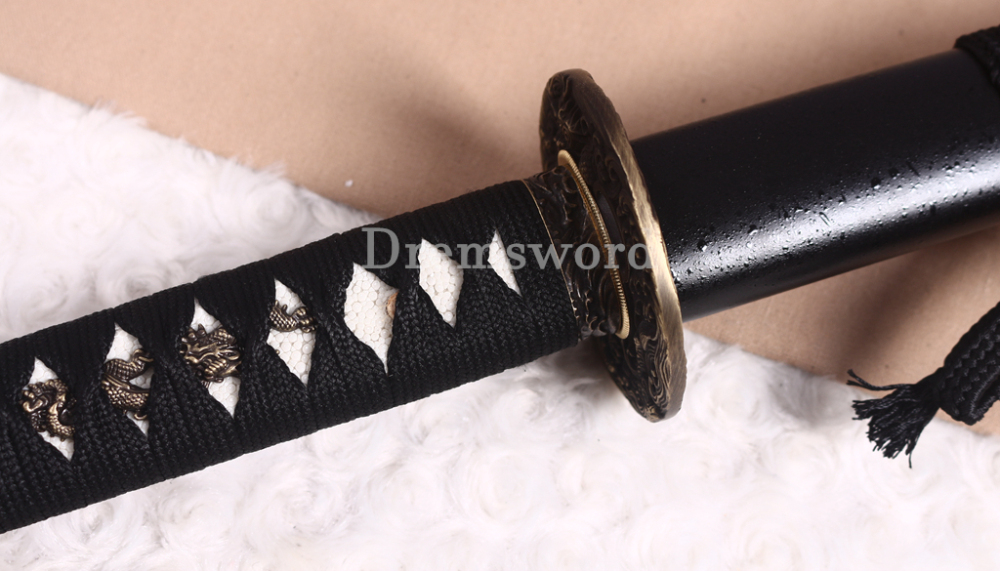 52" Damascus Folded Steel Nodachi Long Katana Shnogi-Zukuri Japanese Samurai Sword Black for Battle