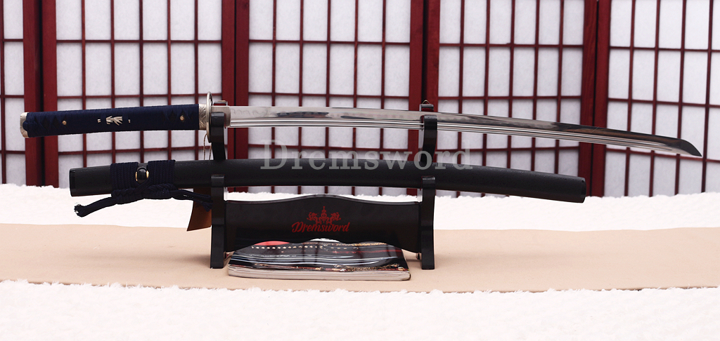 T10 Clay Tempered Katana Double Bo-hi Japanese Samurai Sword SHINOGI-ZUKURI Full Tang Cupronickel Tsuba Ox Horn Black Saya