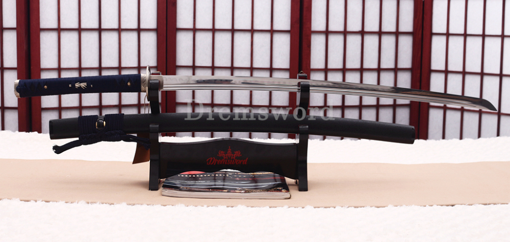 T10 Clay Tempered Katana Double Bo-hi Japanese Samurai Sword SHINOGI-ZUKURI Full Tang Cupronickel Tsuba Ox Horn Black Saya