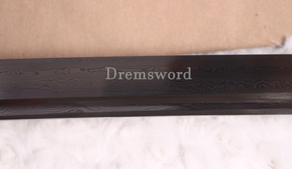 52" Damascus Folded Steel Nodachi Long Katana Shnogi-Zukuri Japanese Samurai Sword Black for Battle